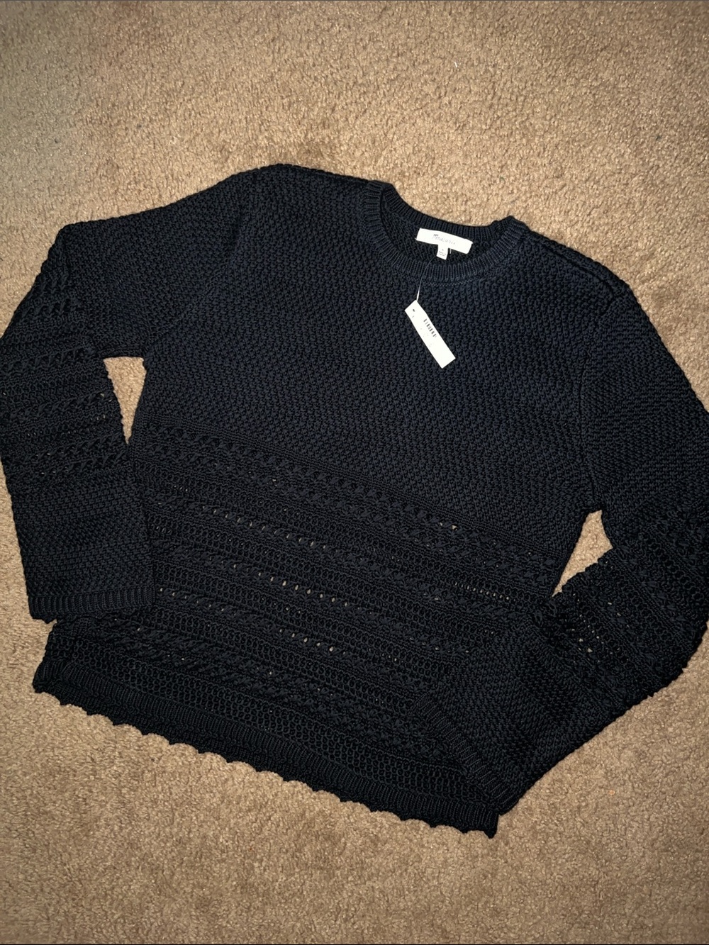 Madewell Black Knit Crewneck Sweater with Openwork Detail